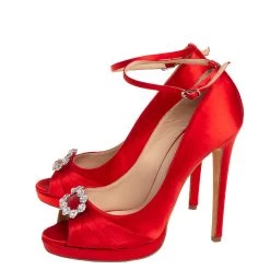Oscar De La Renta Red Satin Crystal Embellished Peep Toe Ankle Strap Pumps Size 40 For Women -Oscar de la Renta Sales Shop luxury women oscar de la rentaslug used shoes p412482 002