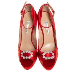 Oscar De La Renta Red Satin Crystal Embellished Peep Toe Ankle Strap Pumps Size 40 For Women -Oscar de la Renta Sales Shop luxury women oscar de la rentaslug used shoes p412482 005