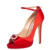 Oscar De La Renta Red Satin Crystal Embellished Peep Toe Ankle Strap Pumps Size 40 For Women -Oscar de la Renta Sales Shop luxury women oscar de la rentaslug used shoes p412482 007