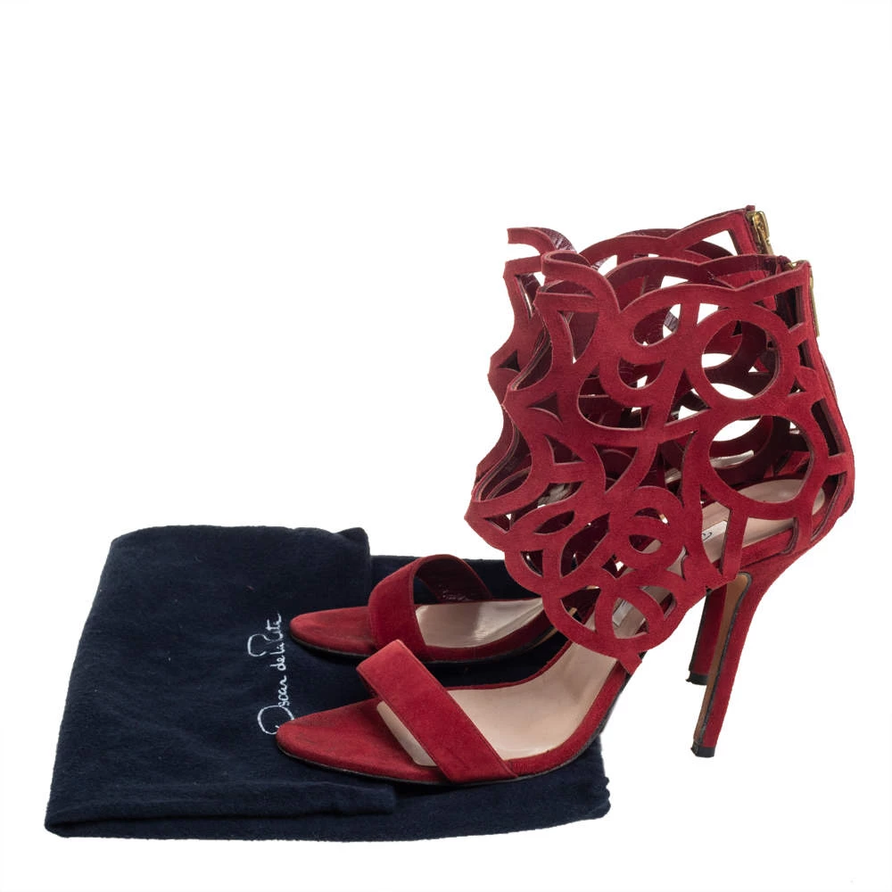 Oscar De La Renta Red Suede Cage Sandals Size 38.5 For Women 10 Oscar De La Renta Red Suede Cage Sandals Size 38.5 For Women - Image 8