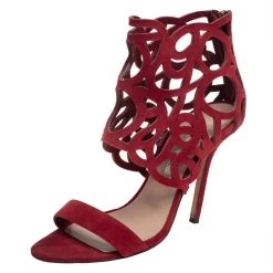 Oscar De La Renta Red Suede Cage Sandals Size 38.5 For Women