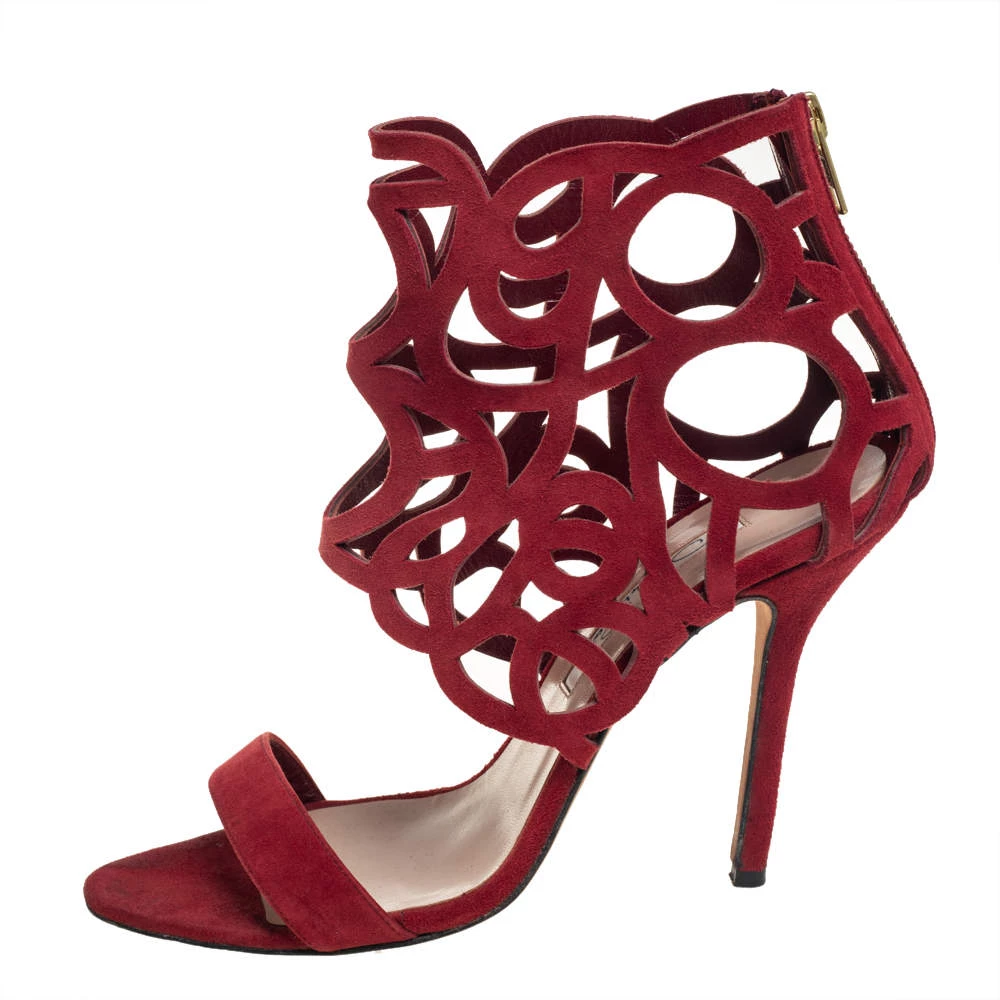 Oscar De La Renta Red Suede Cage Sandals Size 38.5 For Women 4 Oscar De La Renta Red Suede Cage Sandals Size 38.5 For Women - Image 2