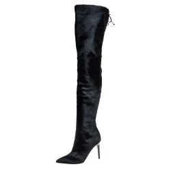 Oscar De La Renta Black Calf Hair Over Knee Boots Size 39 For Women