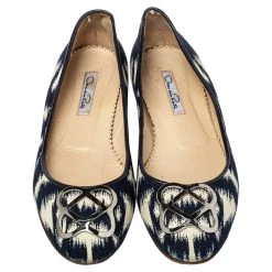 Oscar De La Renta Navy Blue/White Printed Canvas Embellished Ballets Flats Size 38.5 For Women -Oscar de la Renta Sales Shop luxury women oscar de la rentaslug used shoes p461785 001