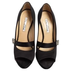 Oscar De La Renta Black Satin Peep Toe Crystal Embellished Buckle Pumps Size 38.5 For Women -Oscar de la Renta Sales Shop luxury women oscar de la rentaslug used shoes p498718 004