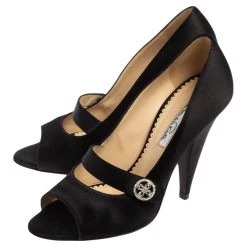 Oscar De La Renta Black Satin Peep Toe Crystal Embellished Buckle Pumps Size 38.5 For Women -Oscar de la Renta Sales Shop luxury women oscar de la rentaslug used shoes p498718 005