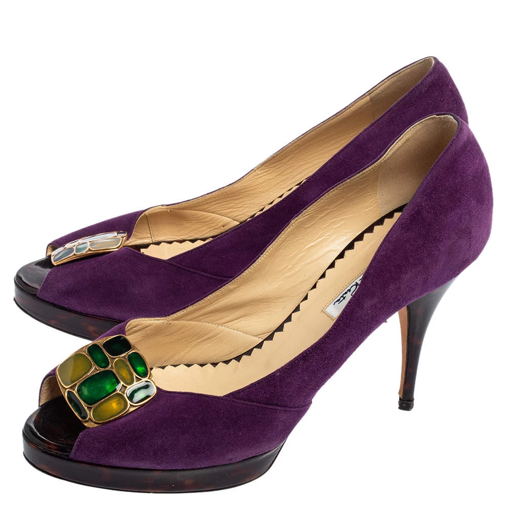 Oscar De La Renta Purple Suede Jewel Embellished Peep-Toe Pumps Size 38.5 For Women 6 Oscar De La Renta Purple Suede Jewel Embellished Peep-Toe Pumps Size 38.5 For Women - Image 4
