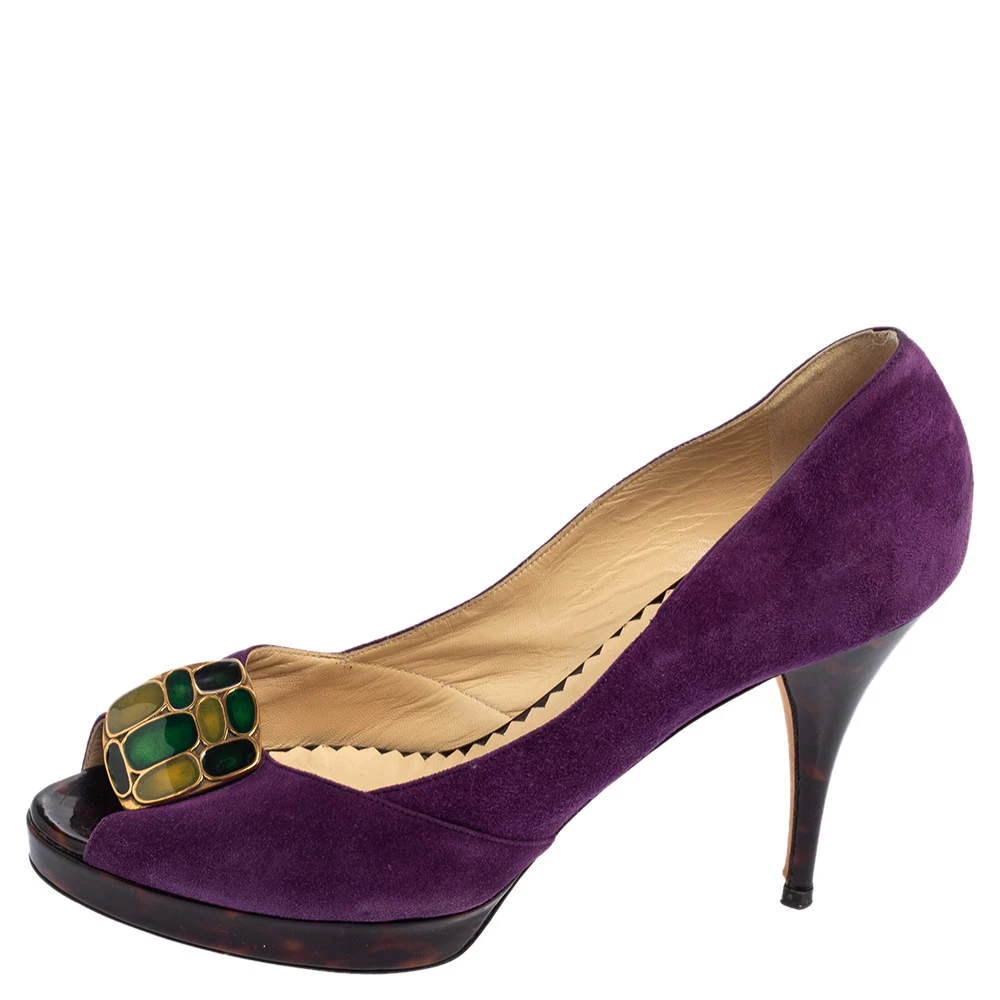 Oscar De La Renta Purple Suede Jewel Embellished Peep-Toe Pumps Size 38.5 For Women 4 Oscar De La Renta Purple Suede Jewel Embellished Peep-Toe Pumps Size 38.5 For Women - Image 2