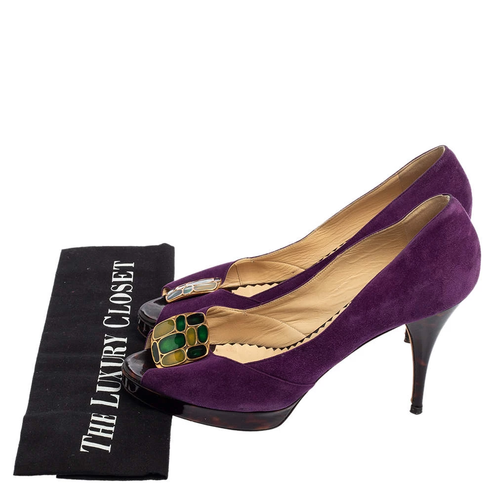 Oscar De La Renta Purple Suede Jewel Embellished Peep-Toe Pumps Size 38.5 For Women 10 Oscar De La Renta Purple Suede Jewel Embellished Peep-Toe Pumps Size 38.5 For Women - Image 8