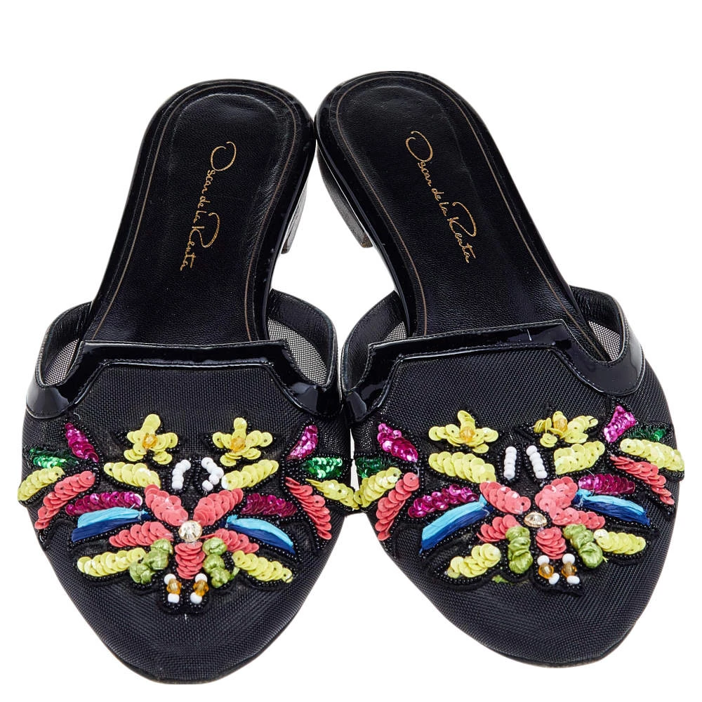 Oscar De La Renta Black Mesh And Patent Leather Embellished Flat Mules Size 37.5 For Women 5 Oscar De La Renta Black Mesh And Patent Leather Embellished Flat Mules Size 37.5 For Women - Image 3