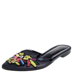 Oscar De La Renta Black Mesh And Patent Leather Embellished Flat Mules Size 37.5 For Women
