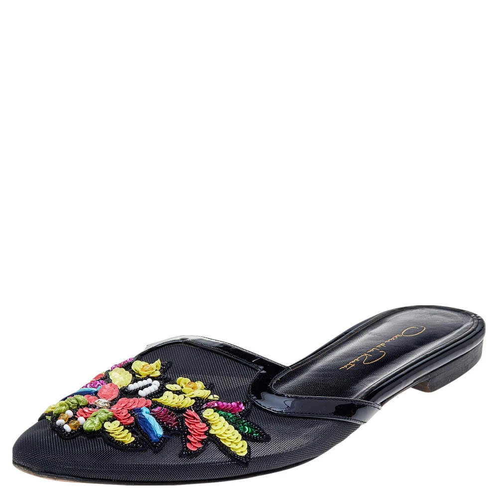 Oscar De La Renta Black Mesh And Patent Leather Embellished Flat Mules Size 37.5 For Women 3 Oscar De La Renta Black Mesh And Patent Leather Embellished Flat Mules Size 37.5 For Women