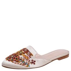 Oscar De La Renta Ivory Embellished Satin Calista Flat Mules Size 39 For Women