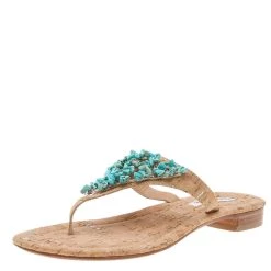 Oscar De La Renta Beige Leather Embellished Flat Sandals Size 37.5 For Women