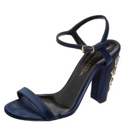 Oscar De La Renta Navy Blue Satin Lemmy Embellished Ankle Strap Sandals Size 37.5 For Women