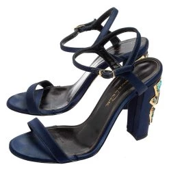 Oscar De La Renta Navy Blue Satin Lemmy Embellished Ankle Strap Sandals Size 37.5 For Women -Oscar de la Renta Sales Shop luxury women oscar de la rentaslug used shoes p586290 006