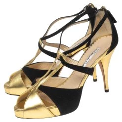 Oscar De La Renta Black/Gold Nubuck And Leather Intertwined Ankle Strap Sandals Size 36 For Women -Oscar de la Renta Sales Shop luxury women oscar de la rentaslug used shoes p595442 003