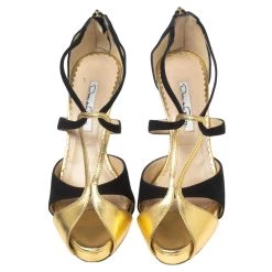 Oscar De La Renta Black/Gold Nubuck And Leather Intertwined Ankle Strap Sandals Size 36 For Women -Oscar de la Renta Sales Shop luxury women oscar de la rentaslug used shoes p595442 006