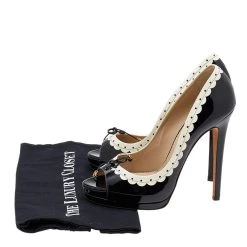 Oscar De La Renta Black/Cream Patent Leather Bow Peep Toe Pumps Size 40 For Women -Oscar de la Renta Sales Shop luxury women oscar de la rentaslug used shoes p612508 001