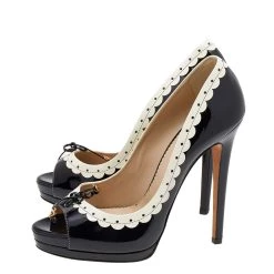 Oscar De La Renta Black/Cream Patent Leather Bow Peep Toe Pumps Size 40 For Women -Oscar de la Renta Sales Shop luxury women oscar de la rentaslug used shoes p612508 002