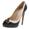Oscar De La Renta Black/Cream Patent Leather Bow Peep Toe Pumps Size 40 For Women