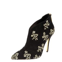 Oscar De La Renta Black Suede Flower Embroidery Ankle Boots Size 37 For Women