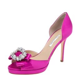 Oscar De La Renta Pink Satin Embellished D' Orsay Pumps Size 40 For Women