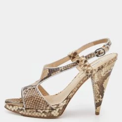 Oscar De La Renta Beige/Brown Python Leather Platform Ankle Strap Sandals Size 40 For Women