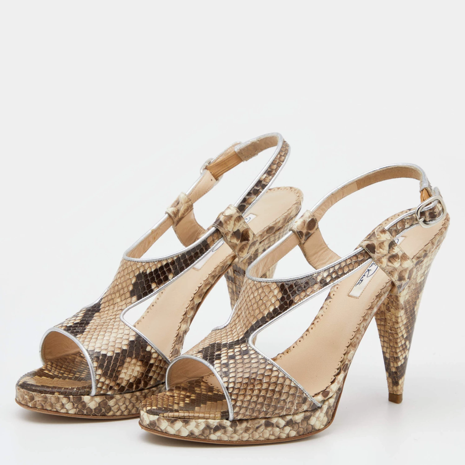 Oscar De La Renta Beige/Brown Python Leather Platform Ankle Strap Sandals Size 40 For Women 4 Oscar De La Renta Beige/Brown Python Leather Platform Ankle Strap Sandals Size 40 For Women - Image 2