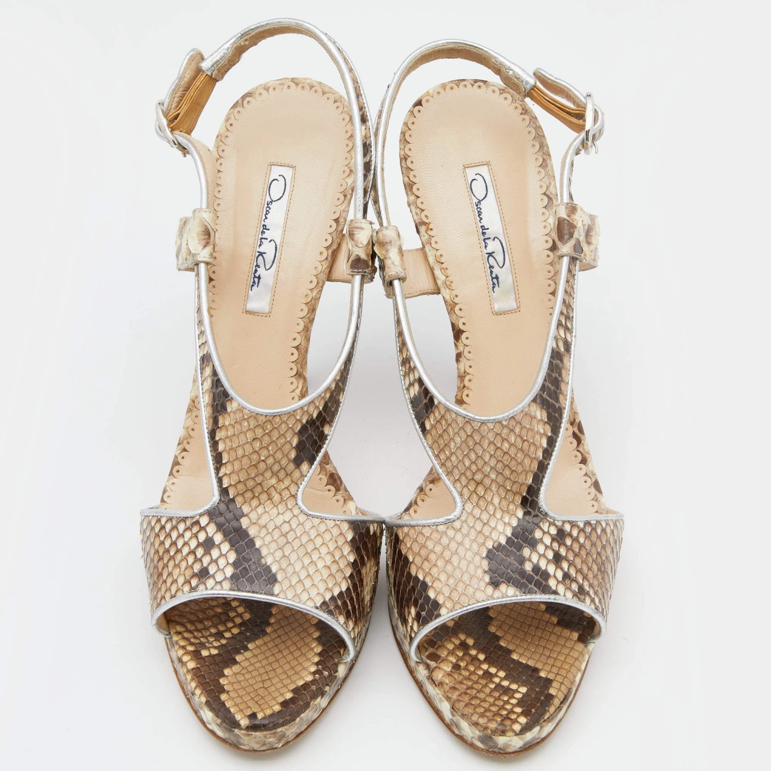 Oscar De La Renta Beige/Brown Python Leather Platform Ankle Strap Sandals Size 40 For Women 5 Oscar De La Renta Beige/Brown Python Leather Platform Ankle Strap Sandals Size 40 For Women - Image 3