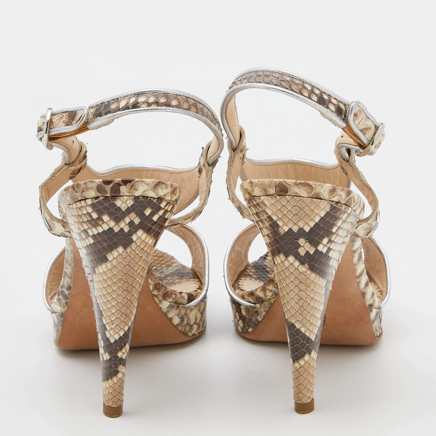 Oscar De La Renta Beige/Brown Python Leather Platform Ankle Strap Sandals Size 40 For Women 7 Oscar De La Renta Beige/Brown Python Leather Platform Ankle Strap Sandals Size 40 For Women - Image 5