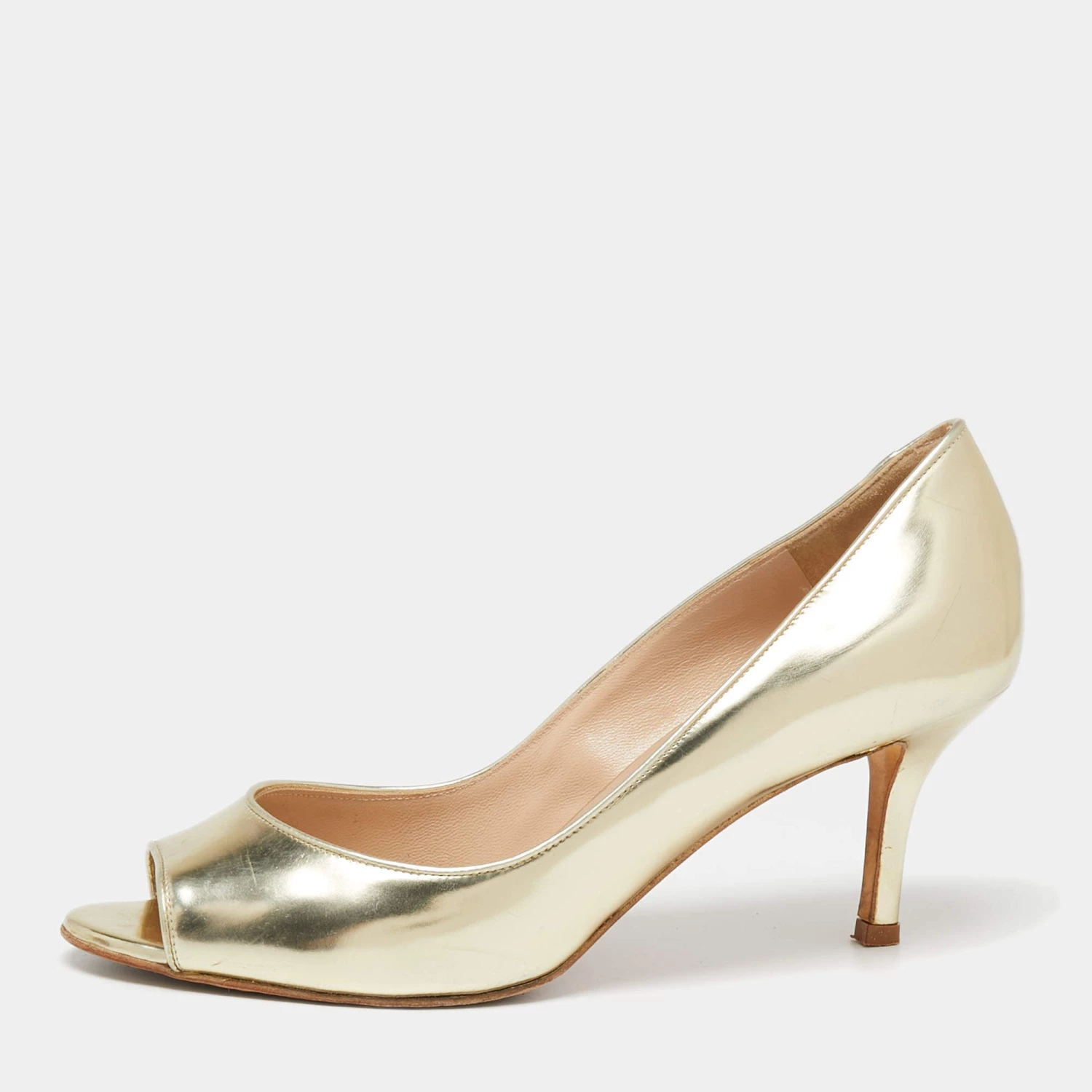 Oscar De La Renta Gold Leather Peep-Toe Pumps Size 37 For Women 3 Oscar De La Renta Gold Leather Peep-Toe Pumps Size 37 For Women
