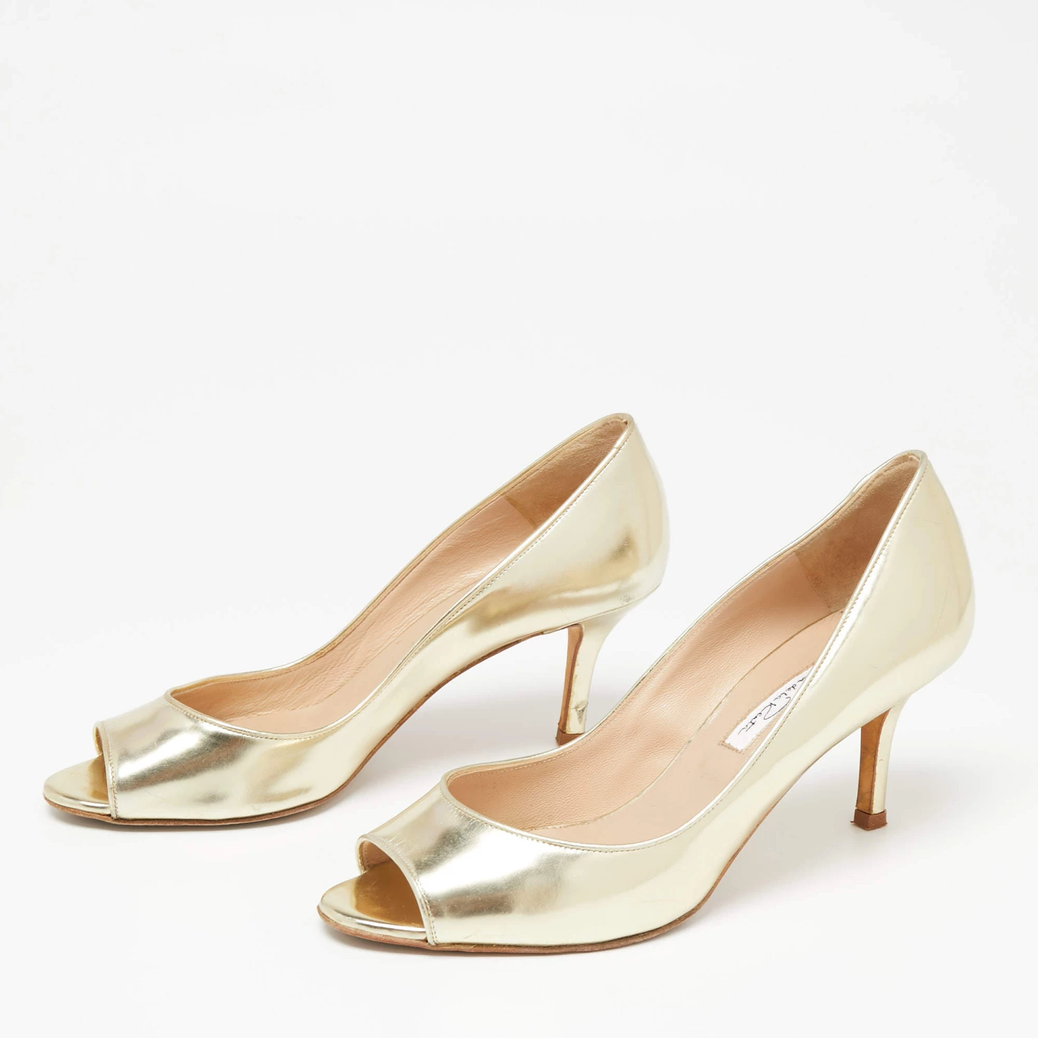 Oscar De La Renta Gold Leather Peep-Toe Pumps Size 37 For Women 4 Oscar De La Renta Gold Leather Peep-Toe Pumps Size 37 For Women - Image 2