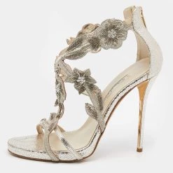 Oscar De La Renta Metallic Gold Crinkled Leather Ambria Embroidered Cut Out Sandals Size 39 For Women