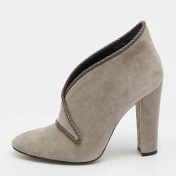 Oscar De La Renta Grey Suede Block Heel Booties Size 37 For Women