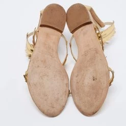 Oscar De La Renta Gold Leather Abigail Feather Ankle-Strap Sandals Size 38.5 For Women -Oscar de la Renta Sales Shop luxury women oscar de la rentaslug used shoes p662007 001