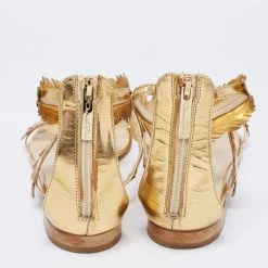 Oscar De La Renta Gold Leather Abigail Feather Ankle-Strap Sandals Size 38.5 For Women -Oscar de la Renta Sales Shop luxury women oscar de la rentaslug used shoes p662007 004