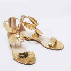 Oscar De La Renta Gold Leather Abigail Feather Ankle-Strap Sandals Size 38.5 For Women -Oscar de la Renta Sales Shop luxury women oscar de la rentaslug used shoes p662007 007