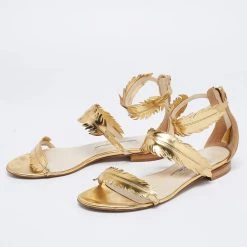 Oscar De La Renta Gold Leather Abigail Feather Ankle-Strap Sandals Size 38.5 For Women -Oscar de la Renta Sales Shop luxury women oscar de la rentaslug used shoes p662007 009