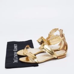 Oscar De La Renta Gold Leather Abigail Feather Ankle-Strap Sandals Size 38.5 For Women -Oscar de la Renta Sales Shop luxury women oscar de la rentaslug used shoes p662007 010