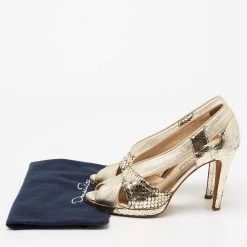 Oscar De La Renta Gold Embossed Snakeskin And Leather Peep-Toe Pumps Size 37.5 For Women -Oscar de la Renta Sales Shop luxury women oscar de la rentaslug used shoes p679119 002