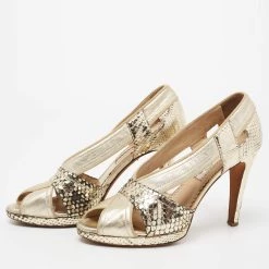 Oscar De La Renta Gold Embossed Snakeskin And Leather Peep-Toe Pumps Size 37.5 For Women -Oscar de la Renta Sales Shop luxury women oscar de la rentaslug used shoes p679119 003