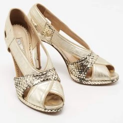 Oscar De La Renta Gold Embossed Snakeskin And Leather Peep-Toe Pumps Size 37.5 For Women -Oscar de la Renta Sales Shop luxury women oscar de la rentaslug used shoes p679119 005