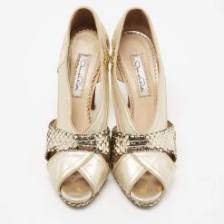 Oscar De La Renta Gold Embossed Snakeskin And Leather Peep-Toe Pumps Size 37.5 For Women -Oscar de la Renta Sales Shop luxury women oscar de la rentaslug used shoes p679119 006