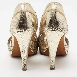 Oscar De La Renta Gold Embossed Snakeskin And Leather Peep-Toe Pumps Size 37.5 For Women -Oscar de la Renta Sales Shop luxury women oscar de la rentaslug used shoes p679119 007