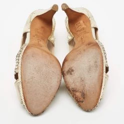 Oscar De La Renta Gold Embossed Snakeskin And Leather Peep-Toe Pumps Size 37.5 For Women -Oscar de la Renta Sales Shop luxury women oscar de la rentaslug used shoes p679119 008