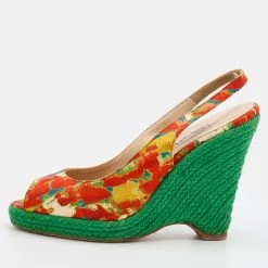 Oscar De La Renta Multicolor Fabric Espadrille Platform Wedge Peep-Toe Slingback Sandals Size 40 For Women