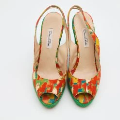 Oscar De La Renta Multicolor Fabric Espadrille Platform Wedge Peep-Toe Slingback Sandals Size 40 For Women -Oscar de la Renta Sales Shop luxury women oscar de la rentaslug used shoes p685899 004