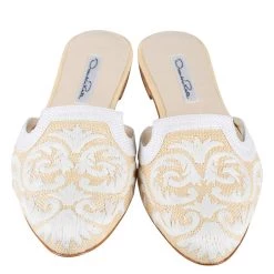 Oscar De La Renta Oscar De Renta Beige And White Embroidered Raffia Calista Slippers Size 37 For Women -Oscar de la Renta Sales Shop luxury women used shoes p203995 003