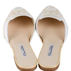Oscar De La Renta Oscar De Renta Beige And White Embroidered Raffia Calista Slippers Size 37 For Women -Oscar de la Renta Sales Shop luxury women used shoes p203995 007